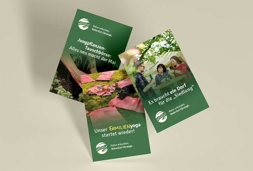 Flyer für das NaturGut: Thema (v.l.n.r) Jungpflanzentauschbörse, Familienyoga, Dorfwerkstatt